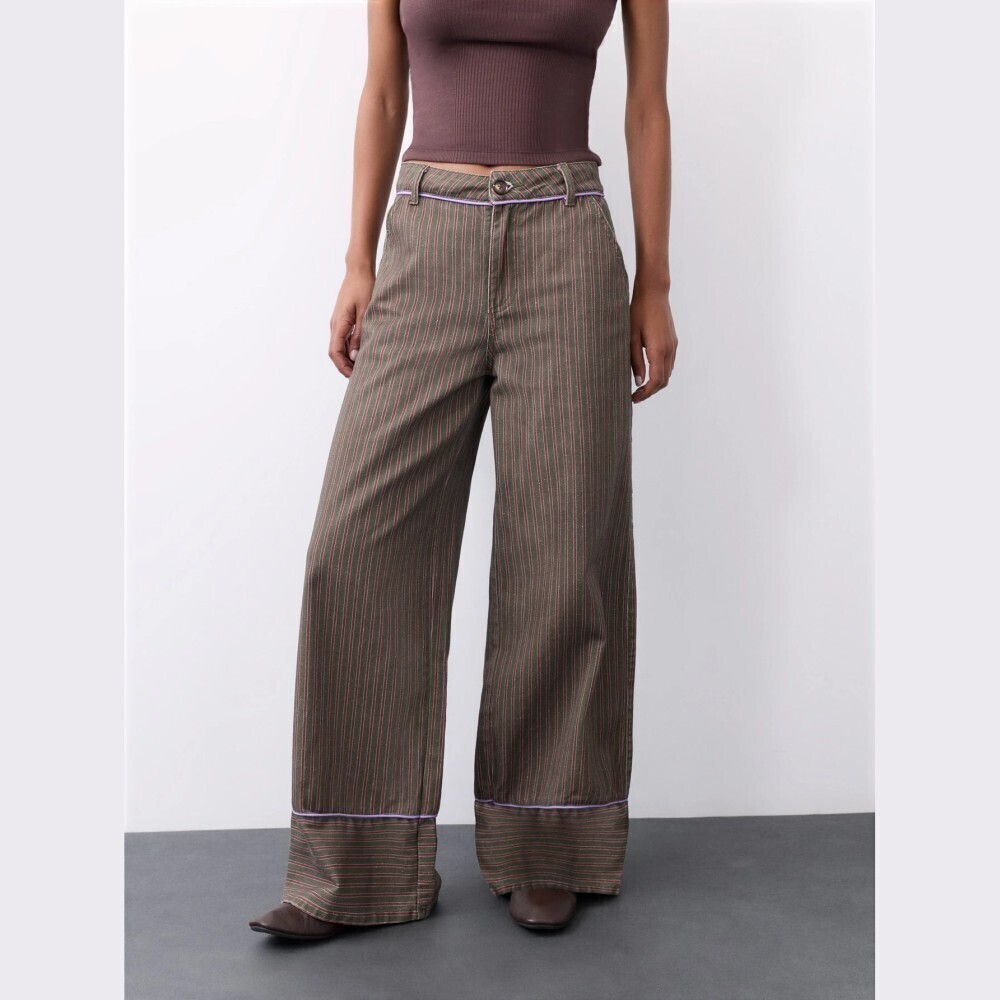 Olive Green Pinstripe Contrast Piping Wide Leg Denim Pants